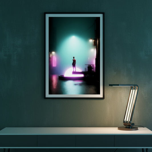 Cyberpunk Silhouette of a person on a bridge with colorful lighting