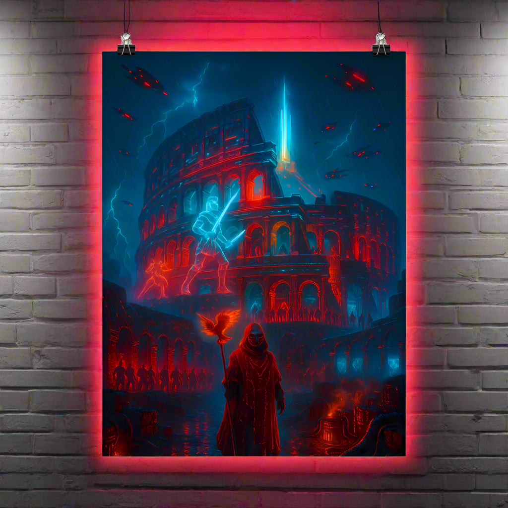 Colosseum Cyberpunk Poster – The Arena of Neon Blood | Futuristic Sci-Fi Wall Art
