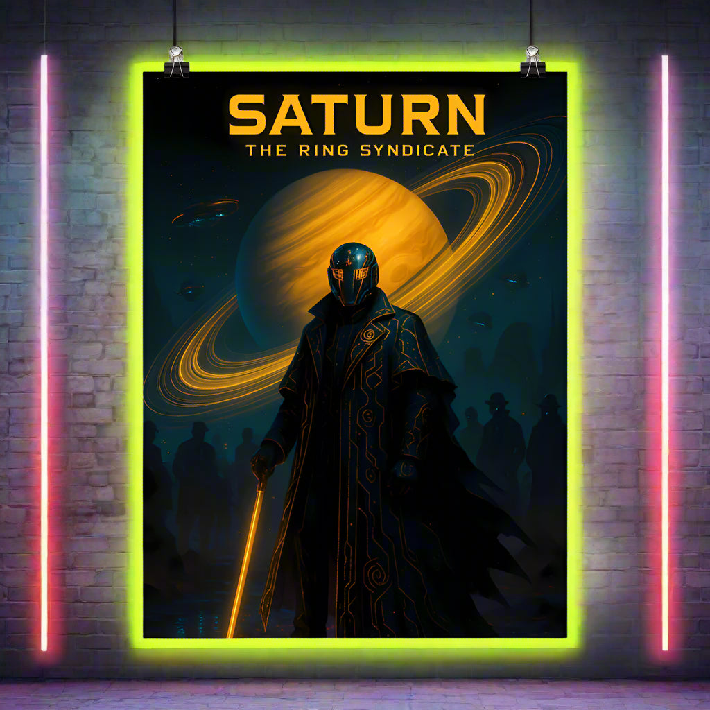 Saturn Cyberpunk Poster – The Ring Syndicate | Futuristic Sci-Fi Wall Art
