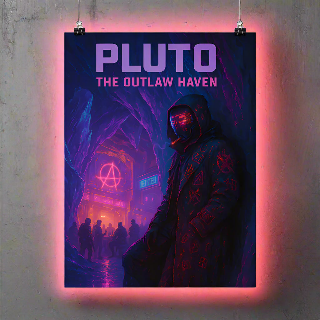 Pluto Cyberpunk Poster – The Outlaw Haven | Futuristic Sci-Fi Wall Art
