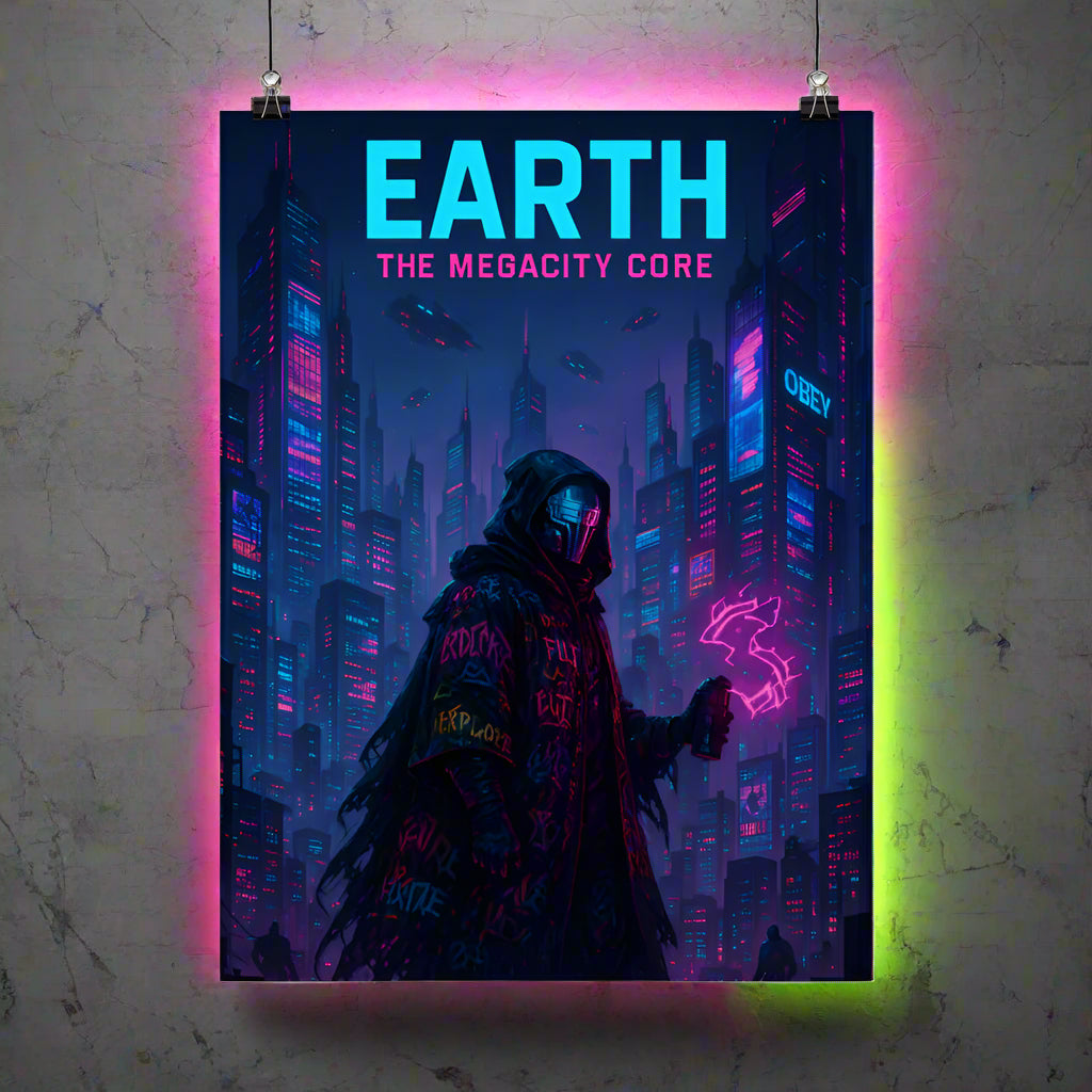 Earth Cyberpunk Poster – The Megacity Core | Futuristic Sci-Fi Wall Art