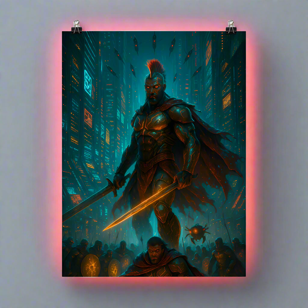 Leonidas Cyberpunk Poster – The Neon Spartan King | Futuristic Sci-Fi Wall Art