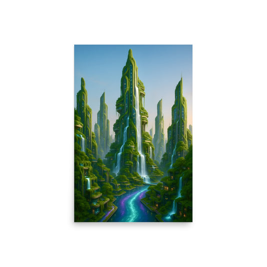 Futuristic eco cityscape with tall buildings and a river, set against a blue sky. Futuristic Sci-Fi Cityscapes.