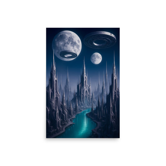 Futuristic cityscape with tall buildings and a blue river under a moonlit sky. Futuristic Sci-Fi Cityscapes.
