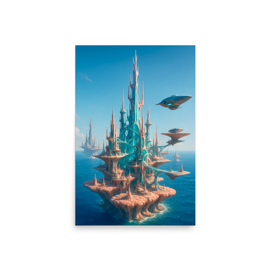 Fantasy coral island with futuristic architecture and flying saucers in a blue sky. . Futuristic Sci-Fi Cityscapes.