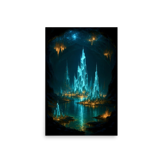 Fantasy castle in a cave with glowing blue lights on a white background. Futuristic Sci-Fi Cityscapes.