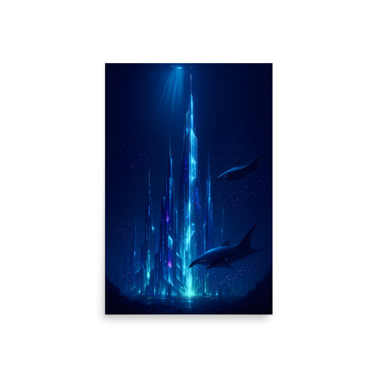 Futuristic cityscape with blue neon lights on a dark background. Futuristic Sci-Fi Cityscapes.