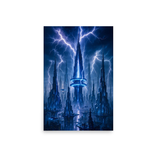 Futuristic cityscape with tall buildings and lightning effects on a white background. Futuristic Sci-Fi Cityscapes.