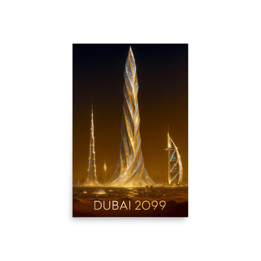 Futuristic cityscape of Dubai with skyscraper Burj Khalifa in Dubai 2099 on a dark background.