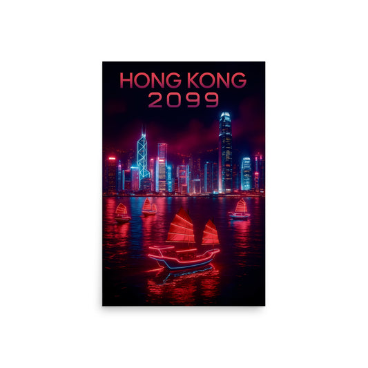 Futuristic cityscape of Hong Kong with neon lights and text 'HONG KONG 2099' on a dark background.