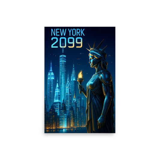 Futuristic Statue of Liberty with skyline and 'New York 2099' text on a dark blue background. New york poster.