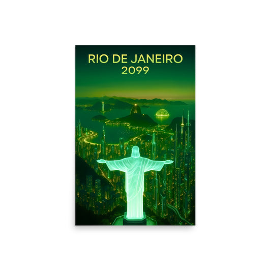 Futuristic cityscape with Christ the Redeemer statue in Rio de Janeiro, 2099, on a green background.