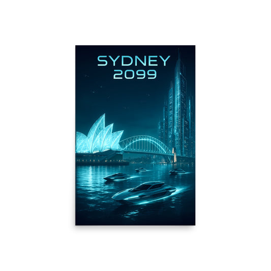 Futuristic cityscape of Sydney with modern architecture and text 'Sydney 2099' on a white background.
