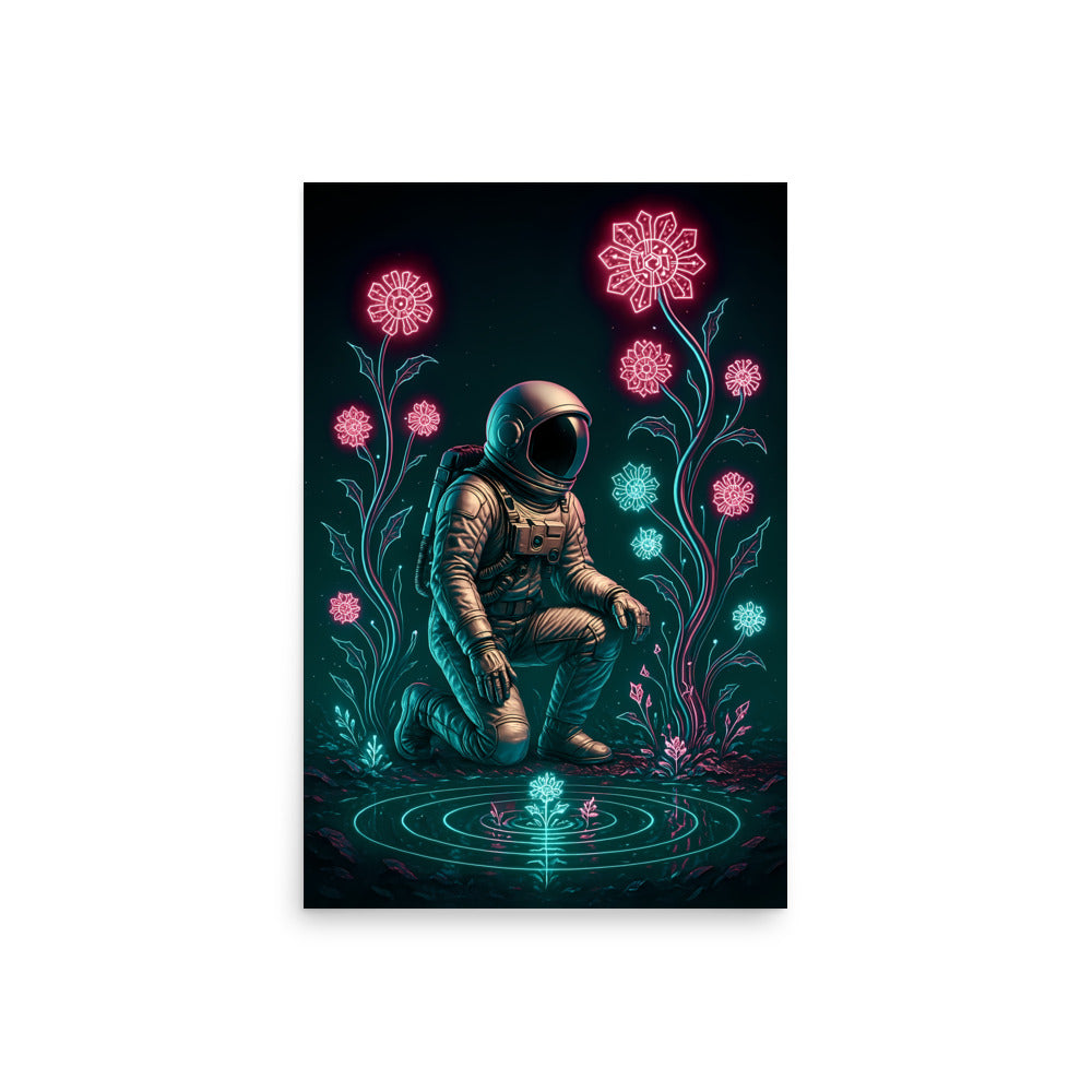 Astronaut sitting among flowers with a dark background. Abstract space landscape poster.