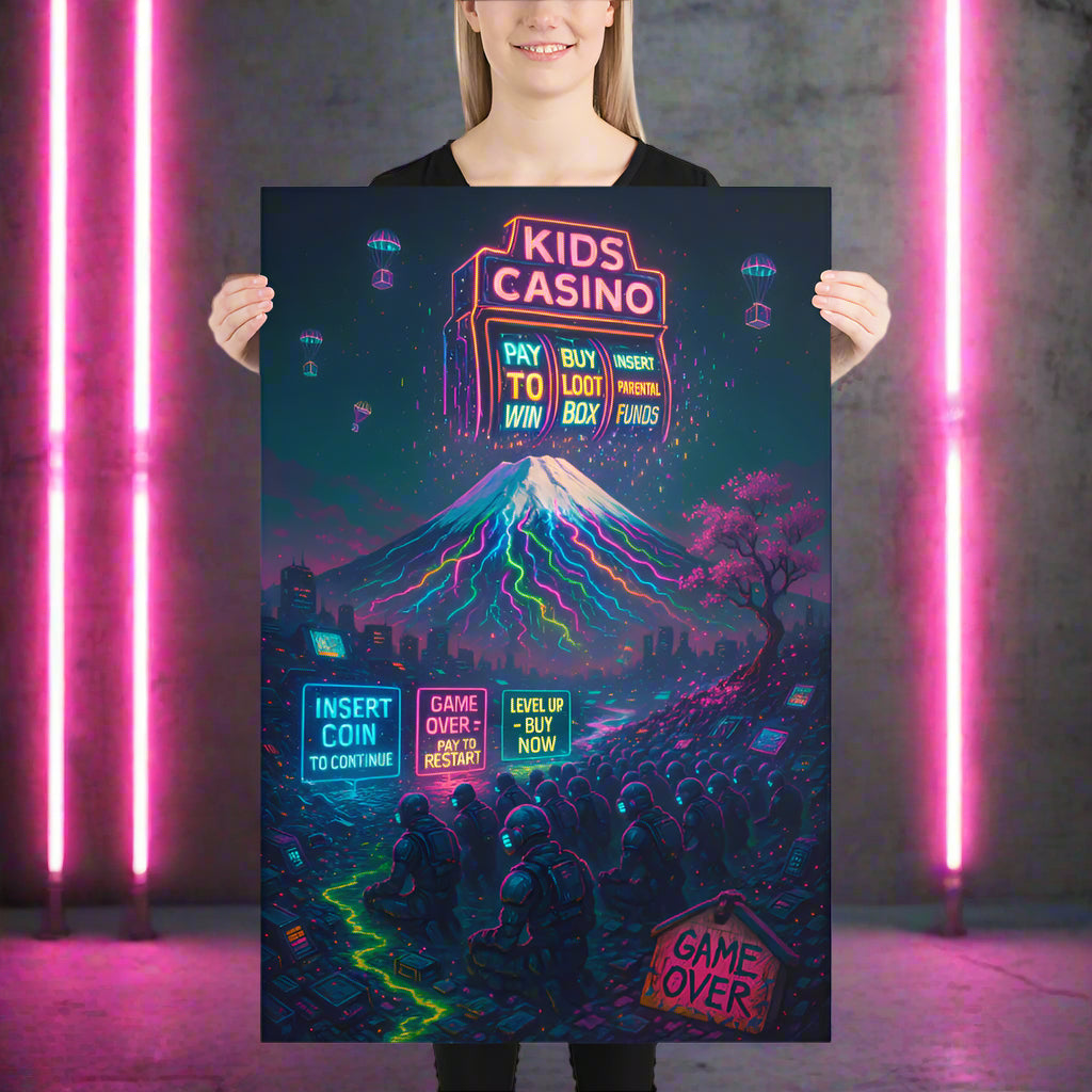 Mount Fuji Cyberpunk Art – Corporate Greed, Gaming Addiction and Loot Box Dystopia