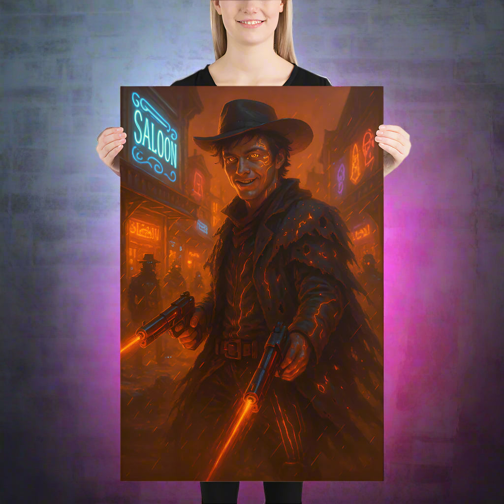 Billy the Kid Cyberpunk Poster – The Neon Outlaw Gunslinger | Futuristic Sci-Fi Wall Art