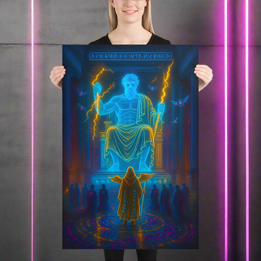 Statue of Zeus at Olympia Cyberpunk Poster – The Holographic God-King | Futuristic Sci-Fi Wall Art