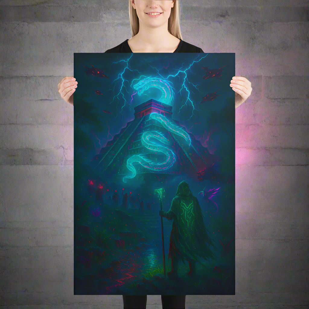 Chichén Itzá Cyberpunk Poster – The Neon Pyramid of Time | Futuristic Sci-Fi Wall Art