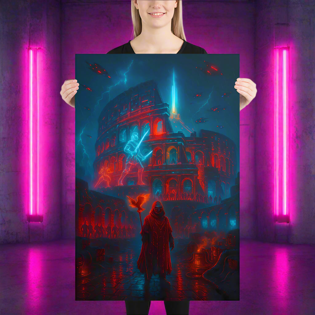 Colosseum Cyberpunk Poster – The Arena of Neon Blood | Futuristic Sci-Fi Wall Art