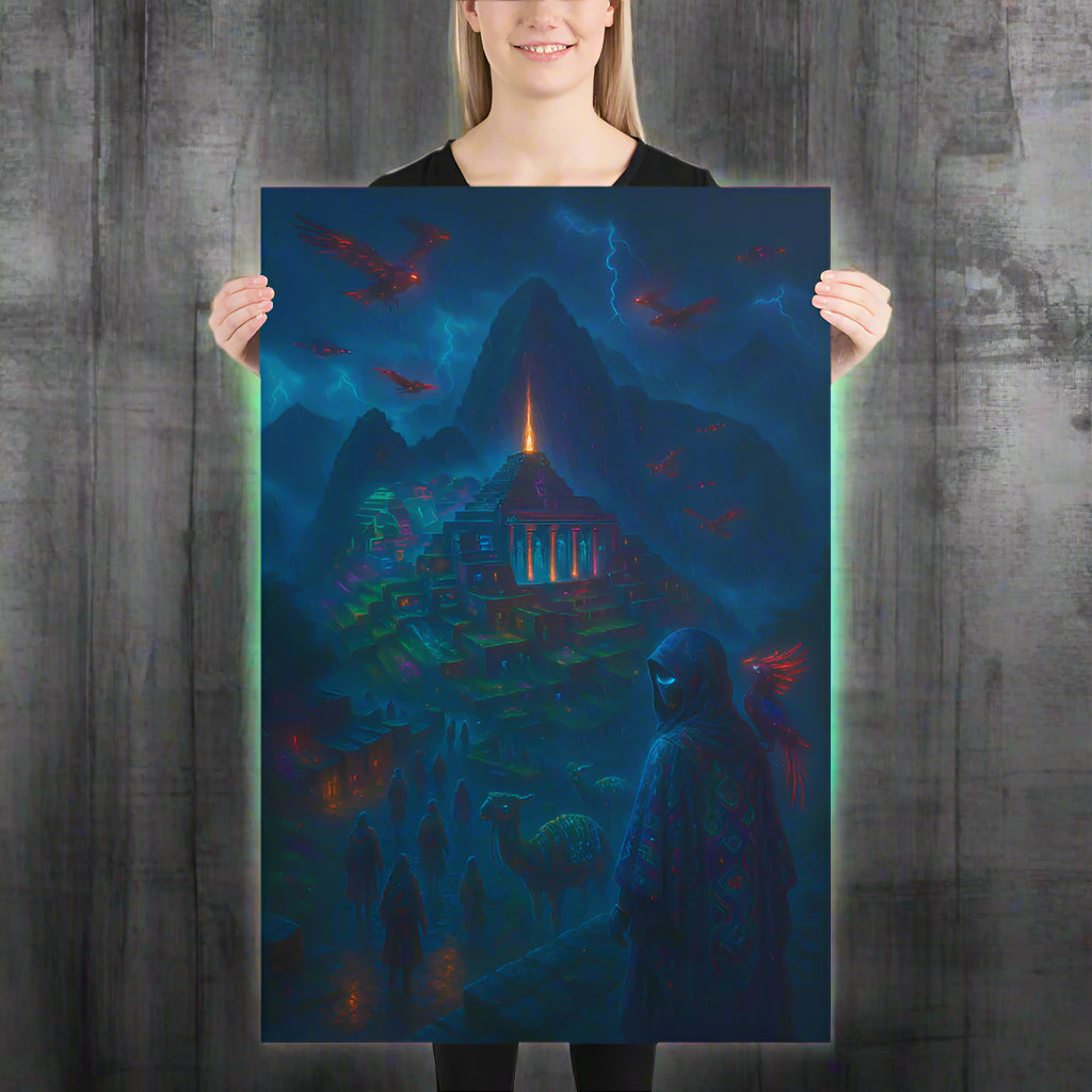 Machu Picchu Cyberpunk Poster – The Neon Ruins in the Clouds | Futuristic Sci-Fi Wall Art