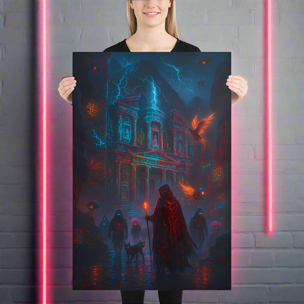 Petra Cyberpunk Poster – The Neon Tomb of Ghosts | Futuristic Sci-Fi Wall Art
