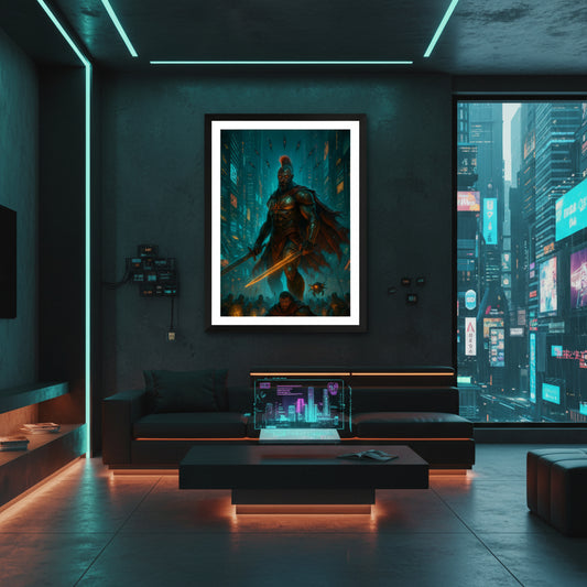 William Wallace futuristic warrior holding a sword in a sci-fi cityscape. Cyberpunk poster. 