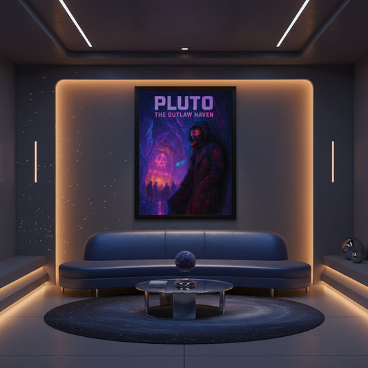 Pluto planet space poster. Pluto: The Outlaw Haven' with a character in a futuristic setting. Cyberpunk poster.