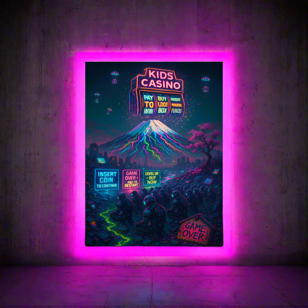 Mount Fuji Cyberpunk Art – Corporate Greed, Gaming Addiction and Loot Box Dystopia