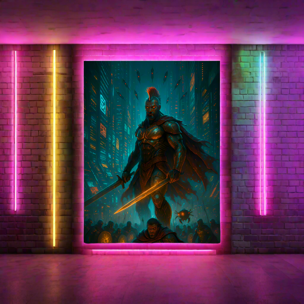 Leonidas Cyberpunk Poster – The Neon Spartan King | Futuristic Sci-Fi Wall Art