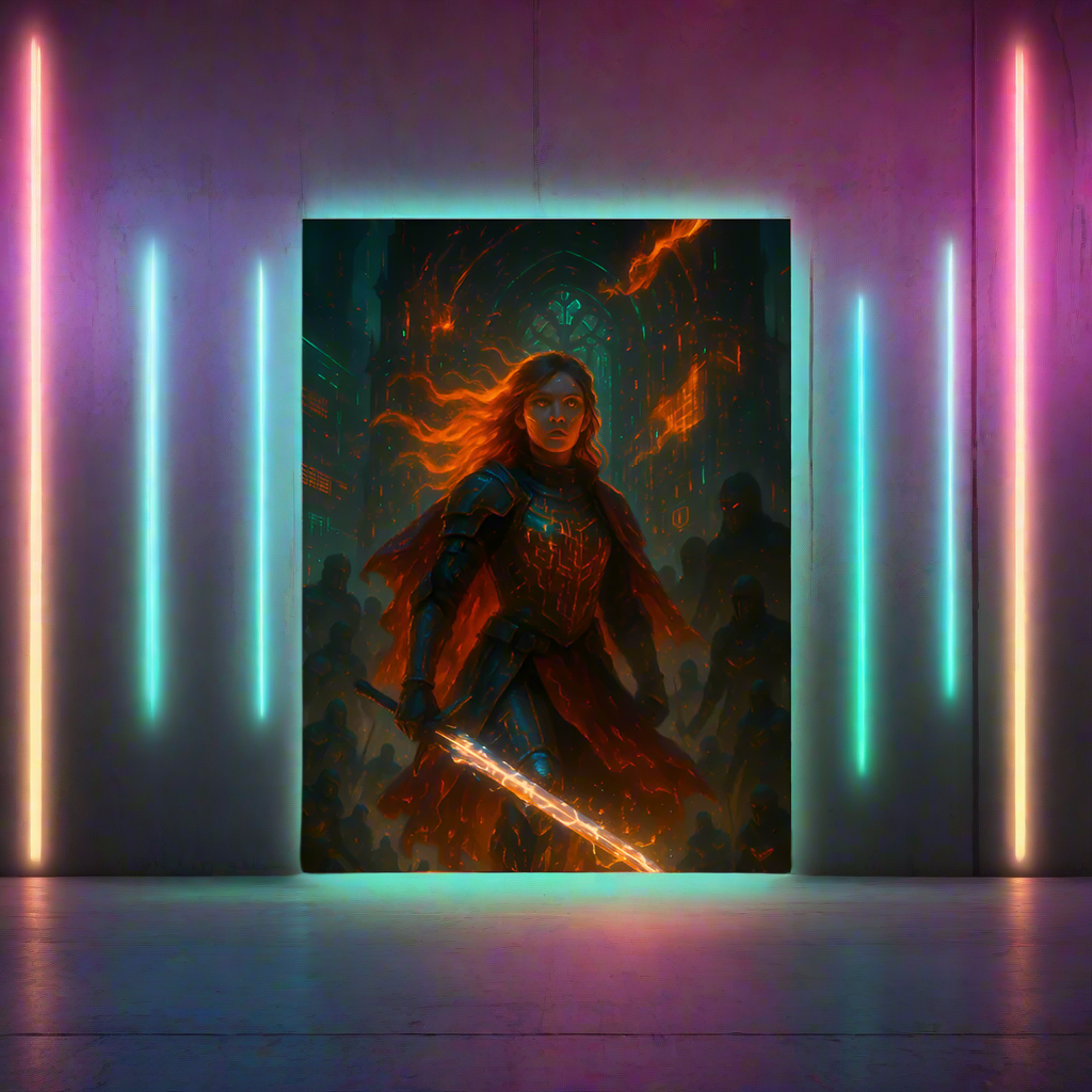 Joan of Arc Cyberpunk Poster – The Neon Warrior Saint | Futuristic Sci-Fi Wall Art