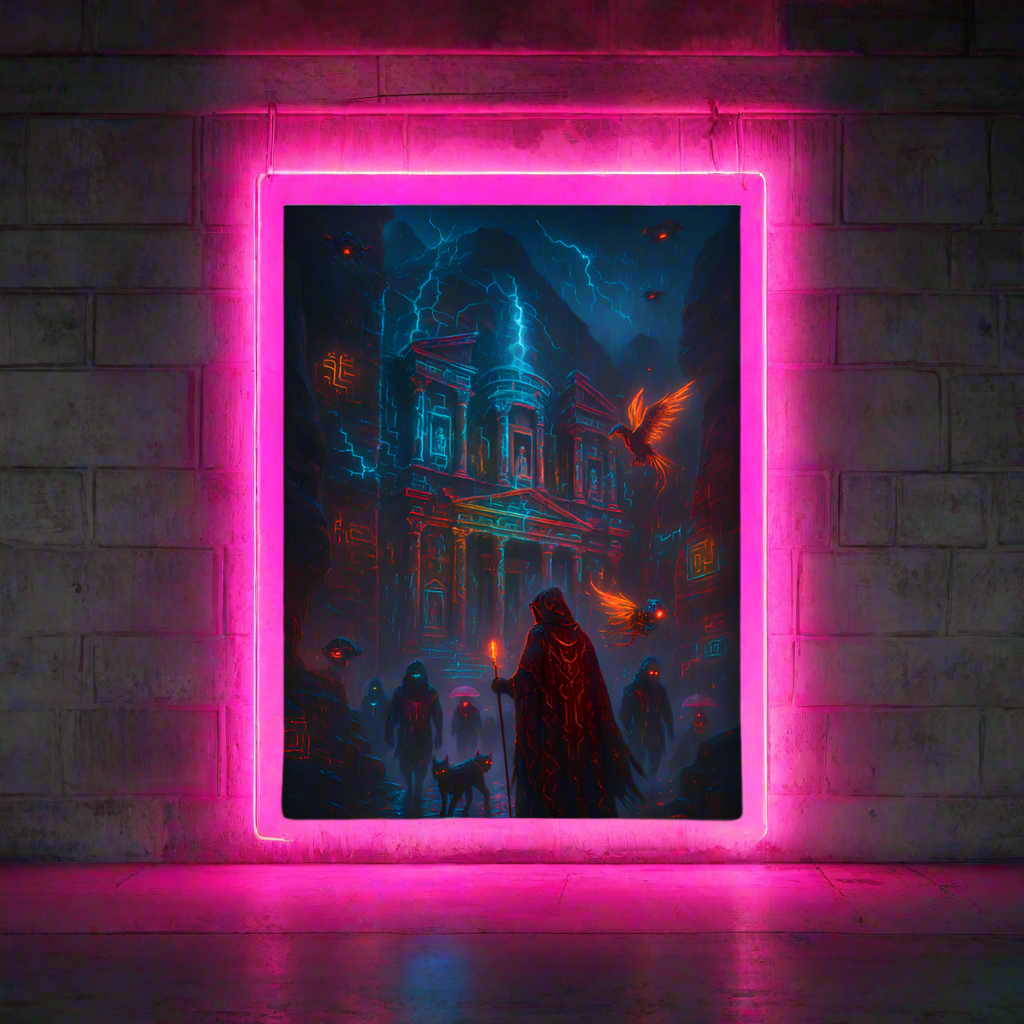 Petra Cyberpunk Poster – The Neon Tomb of Ghosts | Futuristic Sci-Fi Wall Art