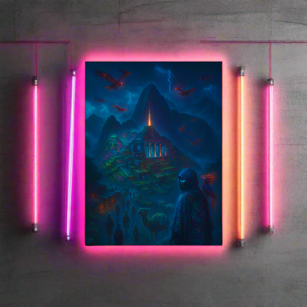 Machu Picchu Cyberpunk Poster – The Neon Ruins in the Clouds | Futuristic Sci-Fi Wall Art
