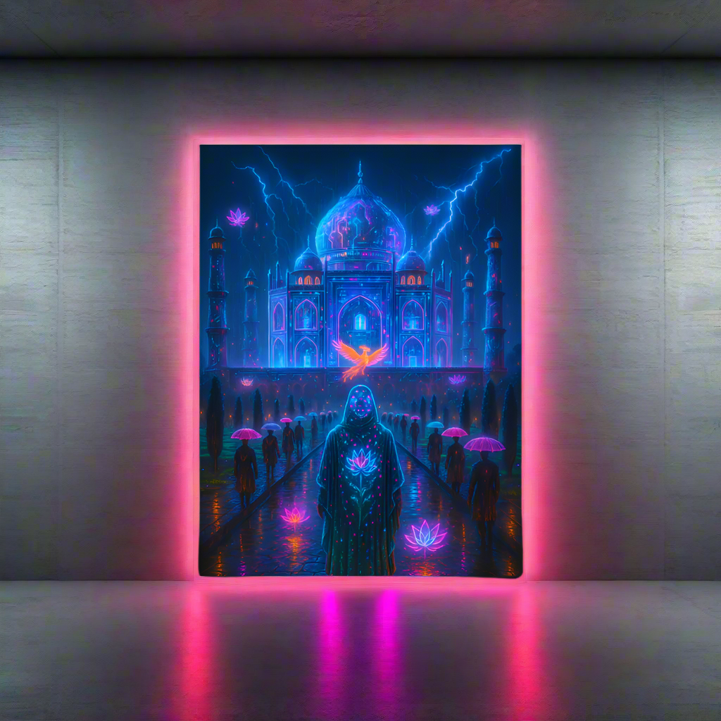 Taj Mahal Cyberpunk Poster – The Neon Mausoleum of Eternal Love | Futuristic Sci-Fi Wall Art