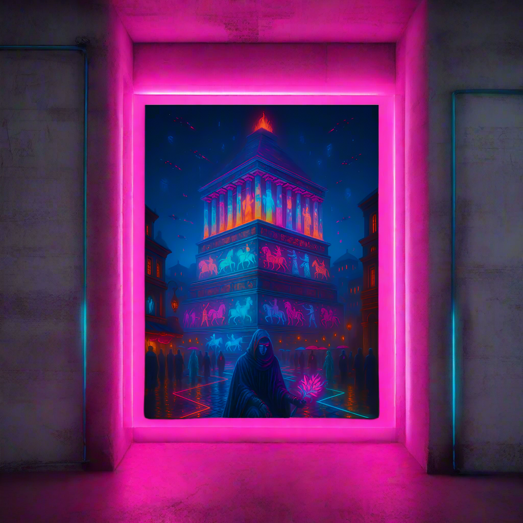 Mausoleum at Halicarnassus Cyberpunk Poster – The Eternal Neon Tomb | Futuristic Sci-Fi Wall Art