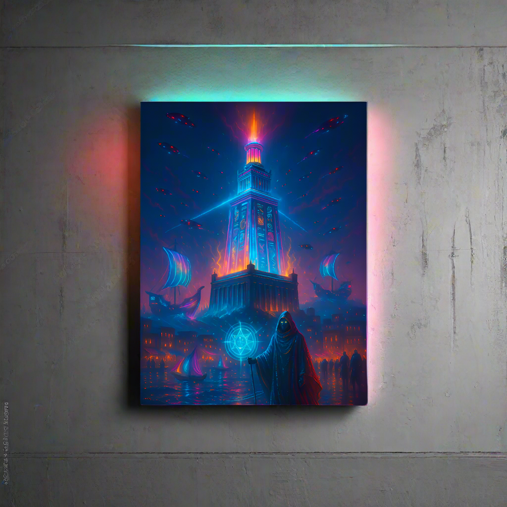Lighthouse of Alexandria Cyberpunk Poster – The Neon Beacon | Futuristic Sci-Fi Wall Art