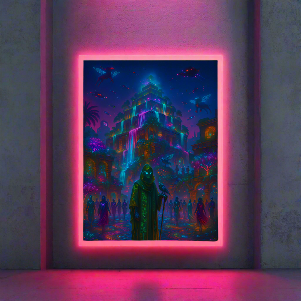 Hanging Gardens of Babylon Cyberpunk Poster – The Bioluminescent Jungle | Futuristic Sci-Fi Wall Art
