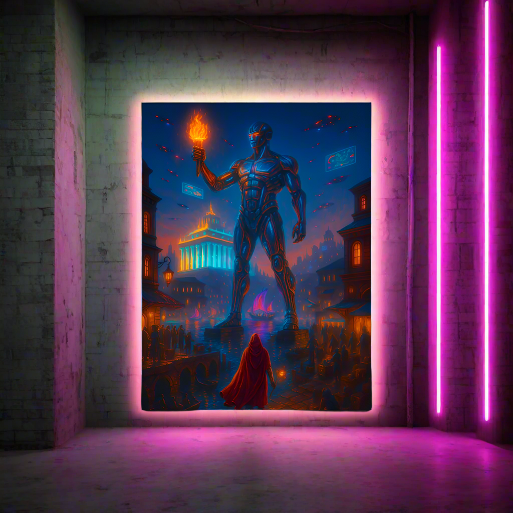 Colossus of Rhodes Cyberpunk Poster – The Cybernetic Sentinel | Futuristic Sci-Fi Wall Art