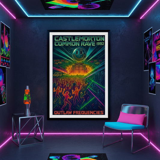 Poster for Castlemorton Common Rave 1992 with colorful design and text. 90s rave poster.