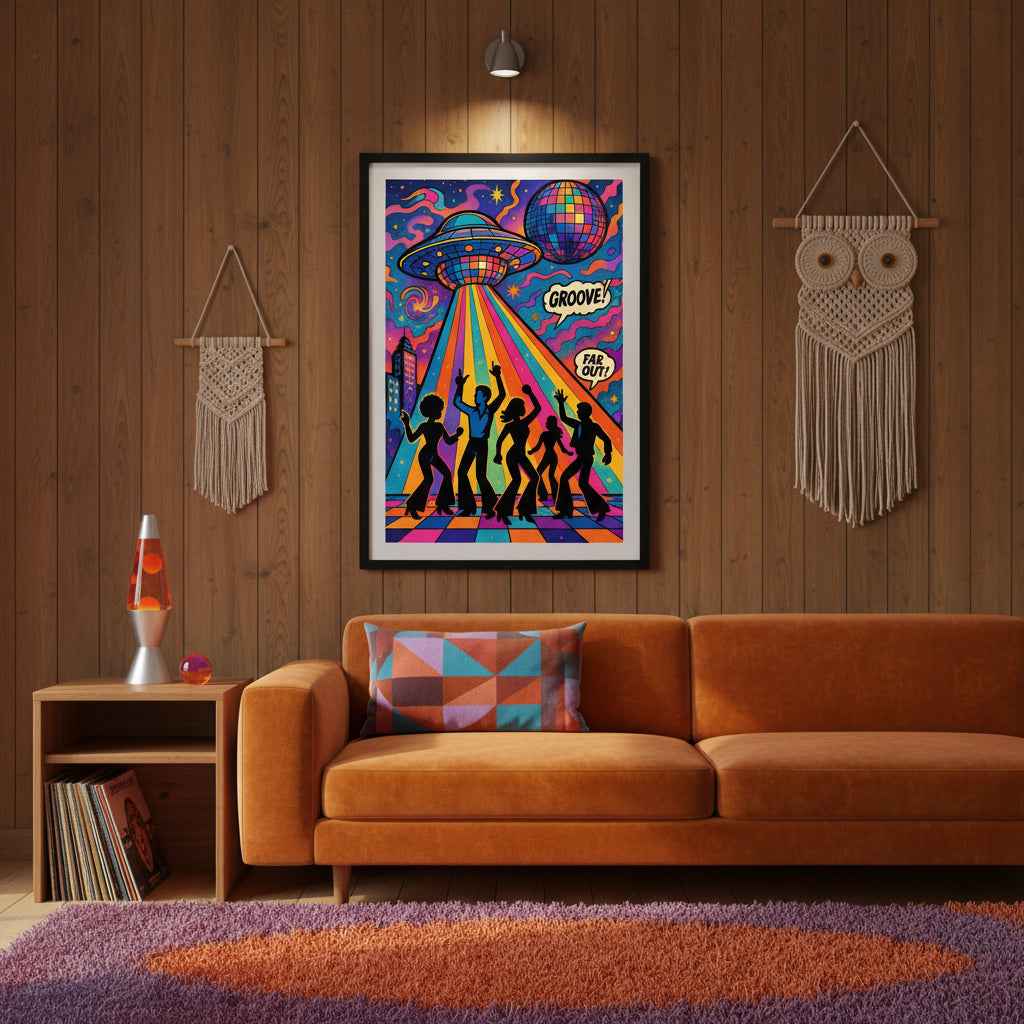 Colorful poster with silhouettes of people dancing, a UFO, and disco balls on a white background. 70s Disco retro poster. 70's retro futurism and psychedelic pop art poster