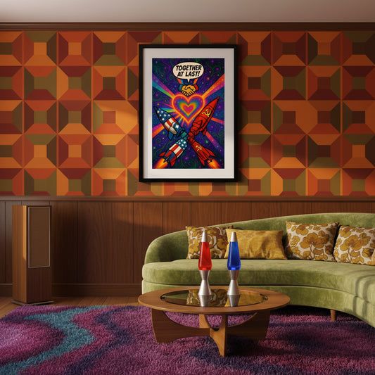 Colorful poster with two rockets shaking hands over a heart, with 'Together at Last!' text, space race poster. 70's retro futurism and psychedelic pop art poster/