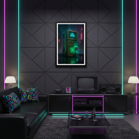 Futuristic computer setup with neon lights and error messages on a white background. Retro poster.