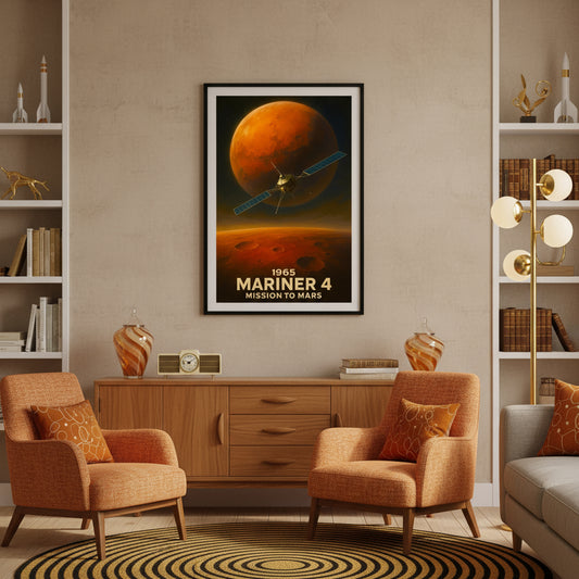 Poster of Mariner 4 mission to Mars with spacecraft and red planet on a white background. Space race poster.