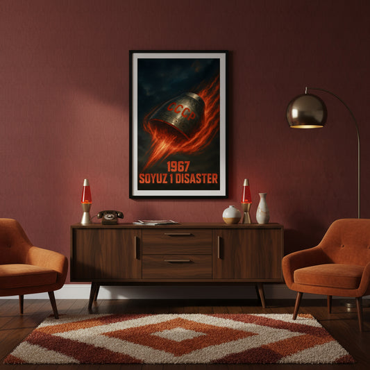 Soyuz 1 disaster poster with fiery design and CCCP insignia. Space race poster.