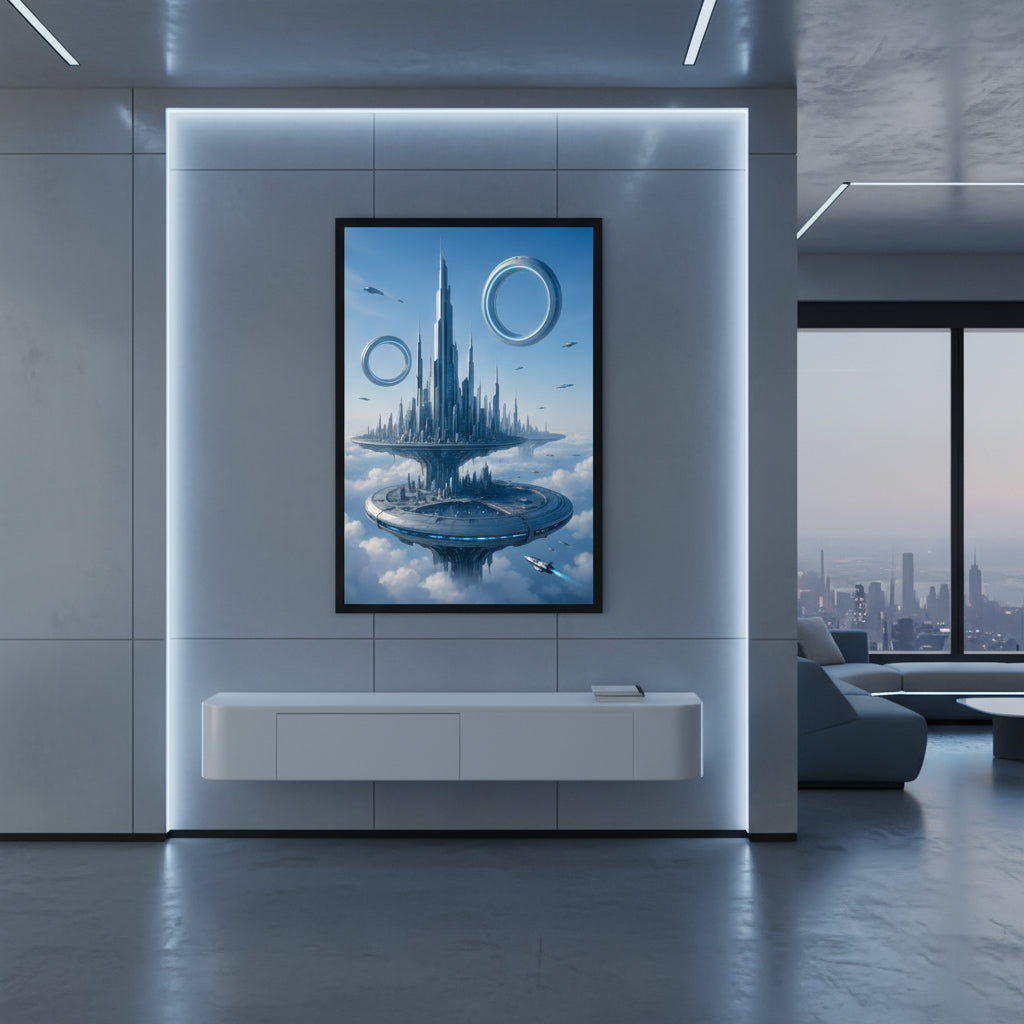 Futuristic cityscape with tall buildings and circular structures against a blue sky. Futuristic Sci-Fi Cityscapes.