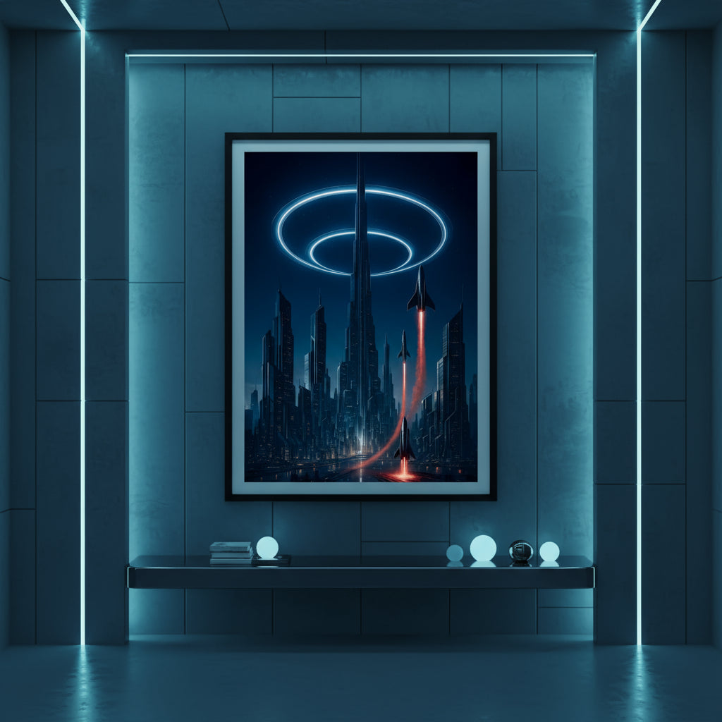Futuristic cityscape with a spaceship and glowing rings on a white background. Futuristic Sci-Fi Cityscapes.