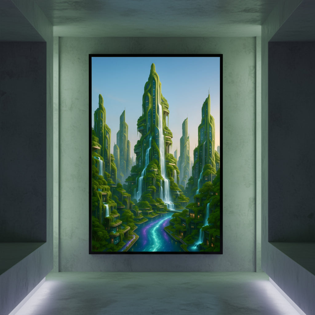 Futuristic eco cityscape with tall buildings and a river on a white background. Futuristic Sci-Fi Cityscapes.
