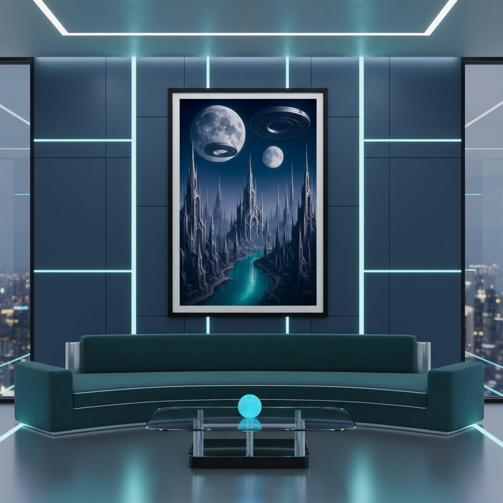 Futuristic cityscape with flying saucers and a moonlit sky. Futuristic Sci-Fi Cityscapes.