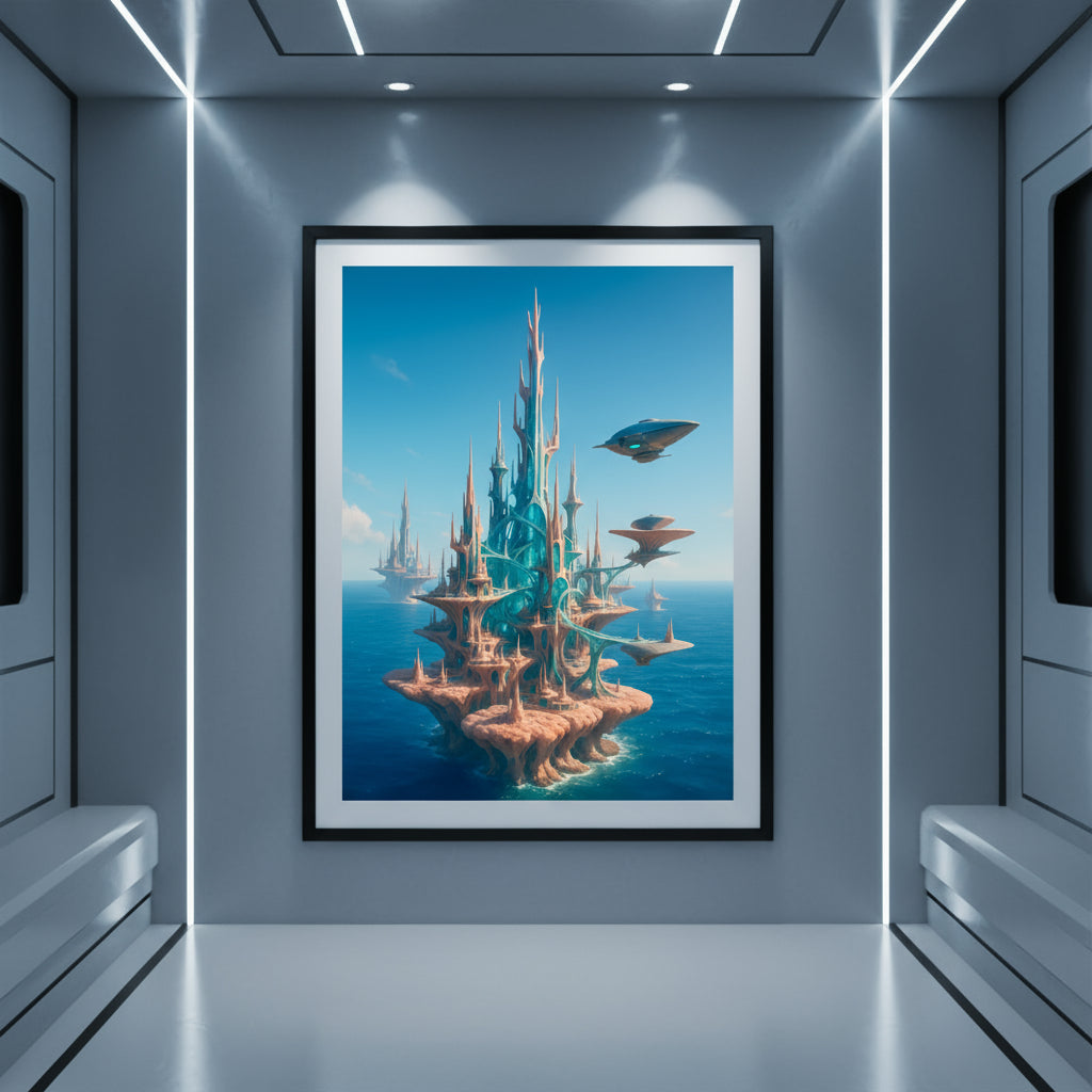 Fantasy coral city with flying ships on a blue background. Futuristic Sci-Fi Cityscapes.