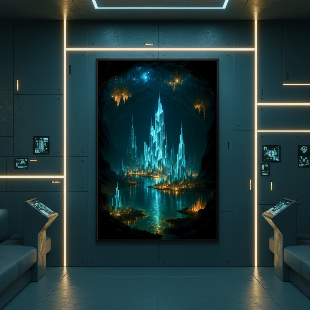 Futuristic cityscape with glowing blue and gold architecture in a dark, otherworldly setting. Futuristic Sci-Fi Cityscapes.