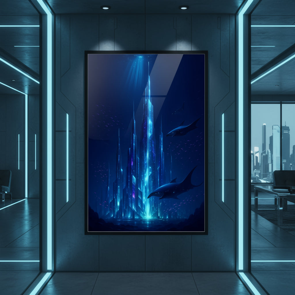 Futuristic underwater scene with glowing blue light and dolphins on a white background. Futuristic Sci-Fi Cityscapes.